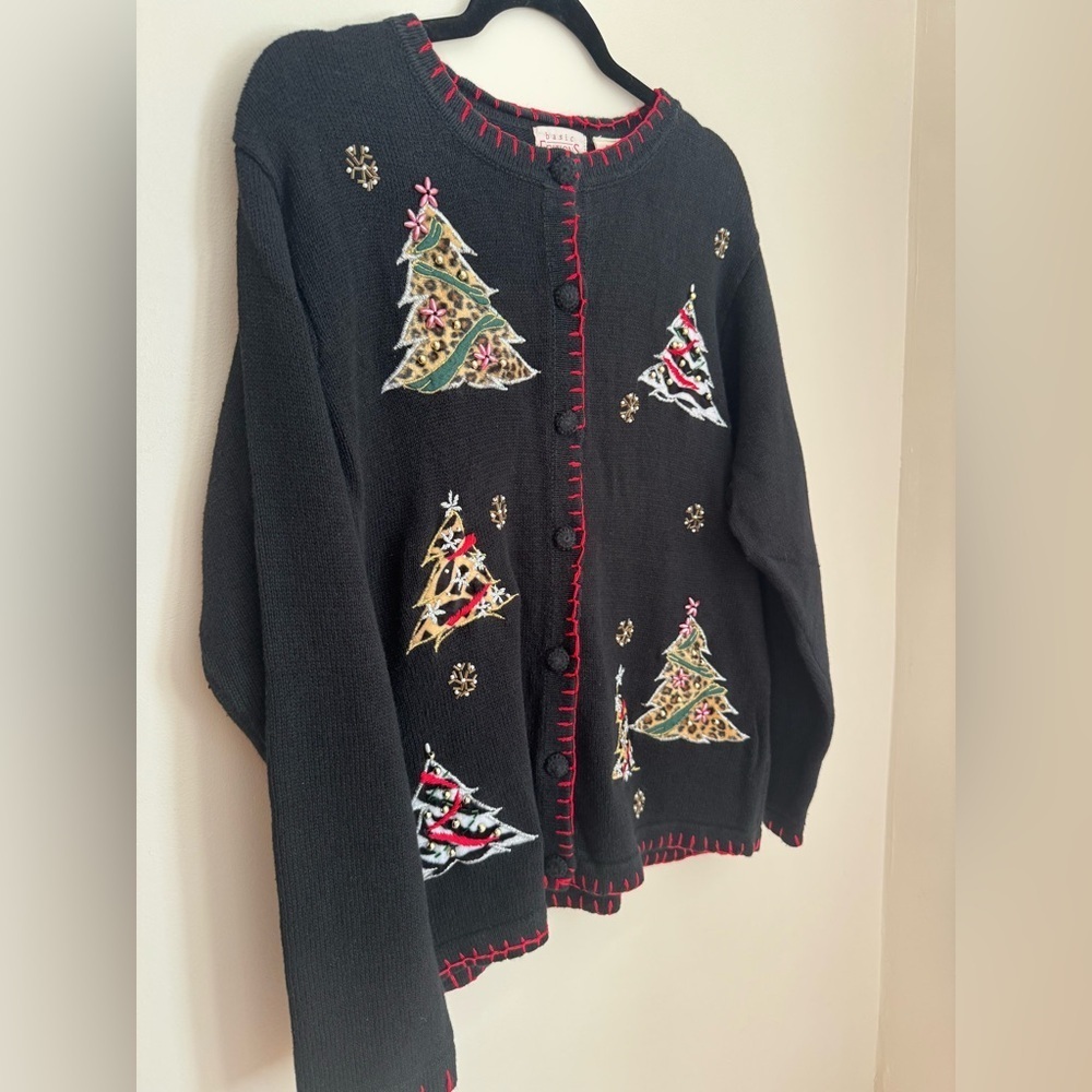 Vintage Basic Editions Christmas Sweater Women’s XL Black Embroidered Trees - Picture 3 of 5